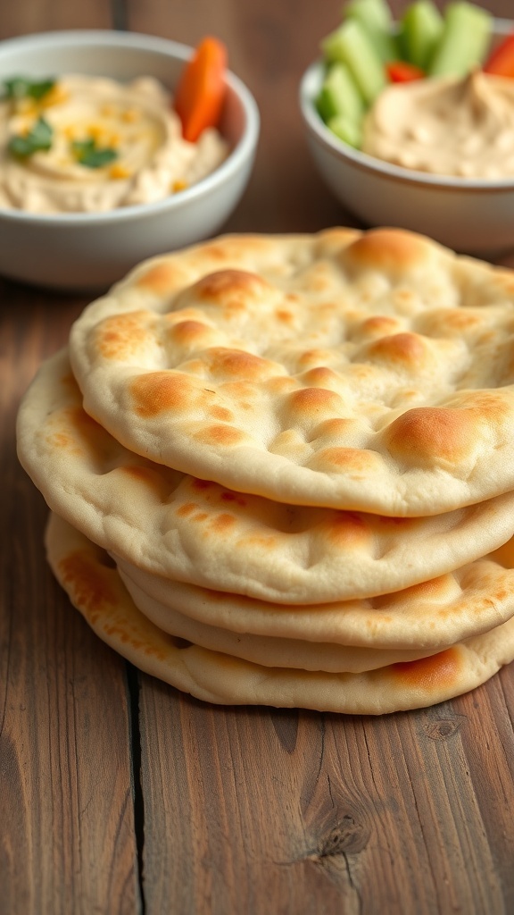 Freshly made pita bread stacked on a wooden table with bowls of hummus and vegetables.